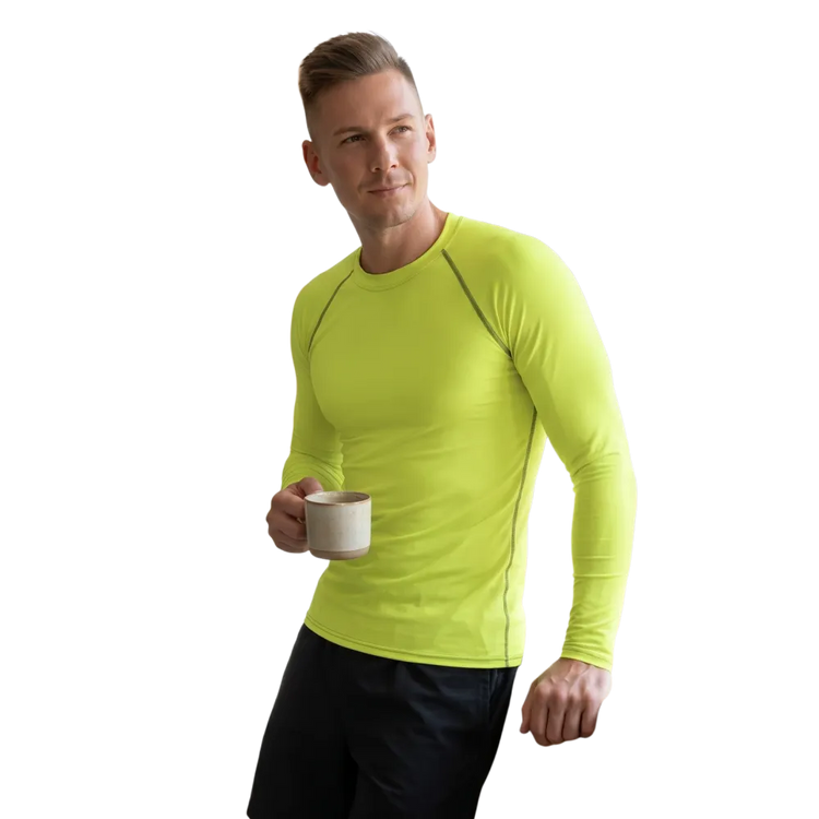 Neongelbes Herren-Langarm-Sportshirt aus Stretchstoff mit UV-Schutz, erhältlich in XS bis 3XL, von BUYATHOME24.