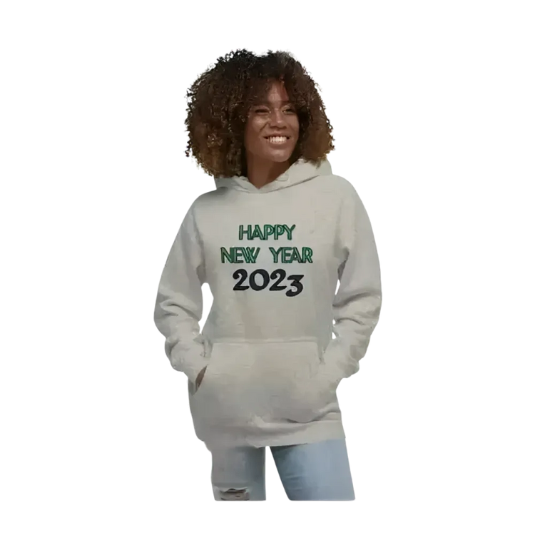 Grauer Unisex Hoodie aus Baumwolle mit Neujahr-Grafik, Kapuzenpullover in den Größen S bis 3XL von BUYATHOME24.