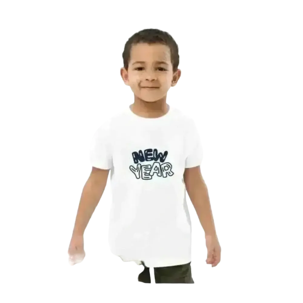 Weißes Kinder T-Shirt mit Neujahrs-Grafik, Kurzarm, Unisex, für Jungen und Mädchen, bequem und stilvoll für 3-14 Jahre