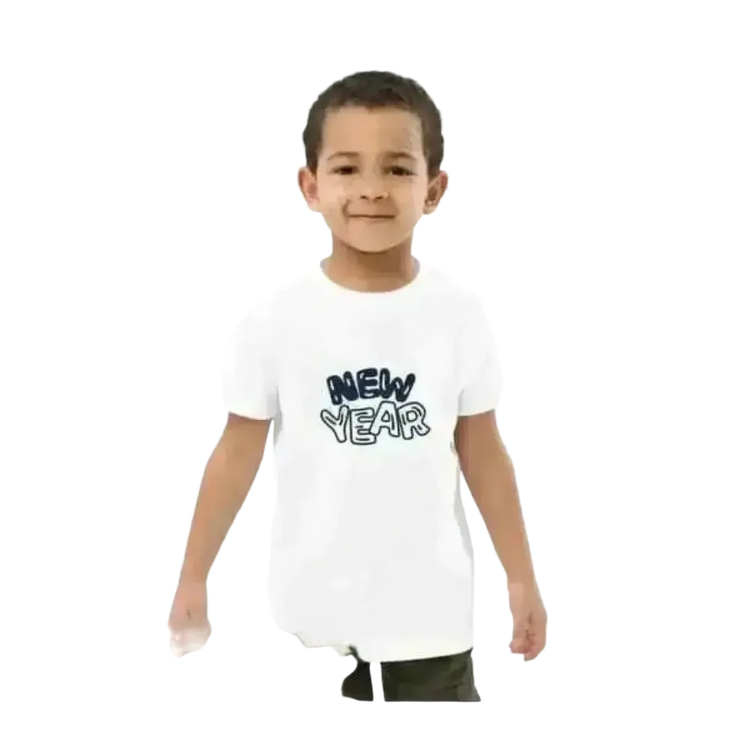 Weißes Kinder T-Shirt mit Neujahrs-Grafik, Kurzarm, Unisex, für Jungen und Mädchen, bequem und stilvoll für 3-14 Jahre