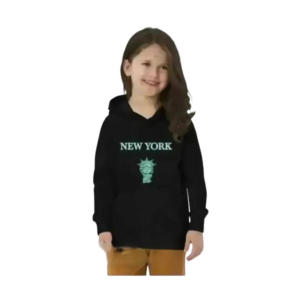 Schwarzer New York Hoodie für Kinder, Unisex Kapuzenpullover mit Grafik, geeignet für 4 bis 12 Jahre, von BUYATHOME24.