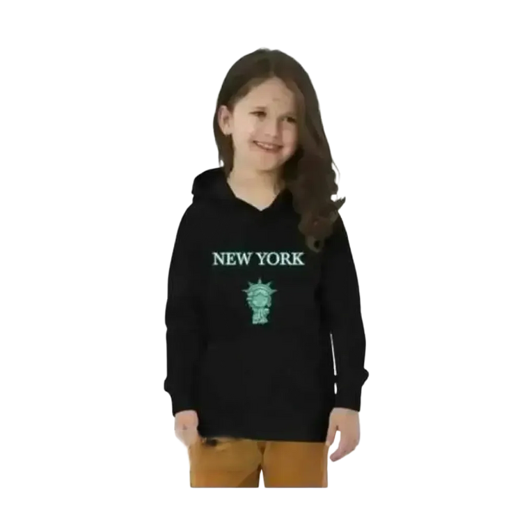 Schwarzer New York Hoodie für Kinder, Unisex Kapuzenpullover mit Grafik, geeignet für 4 bis 12 Jahre, von BUYATHOME24.