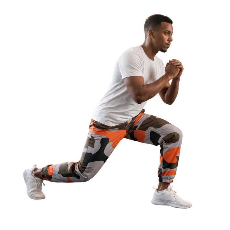 Unisex Trainingshose in Orange Camouflage, wasserabweisend, aus Polyester, in XS bis 3XL, bequem und sportlich.