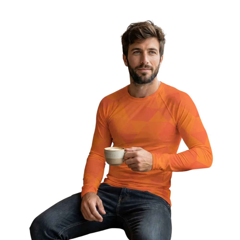 Herren Langarm Sport-T-Shirt von BUYATHOME24 in Orange mit UV-Schutz 50+ und 4-Wege-Stretch, Größe XS bis 3XL.