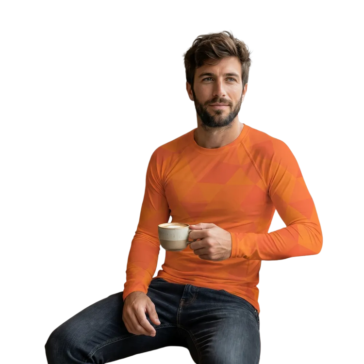 Herren Langarm Sport-T-Shirt von BUYATHOME24 in Orange mit UV-Schutz 50+ und 4-Wege-Stretch, Größe XS bis 3XL.