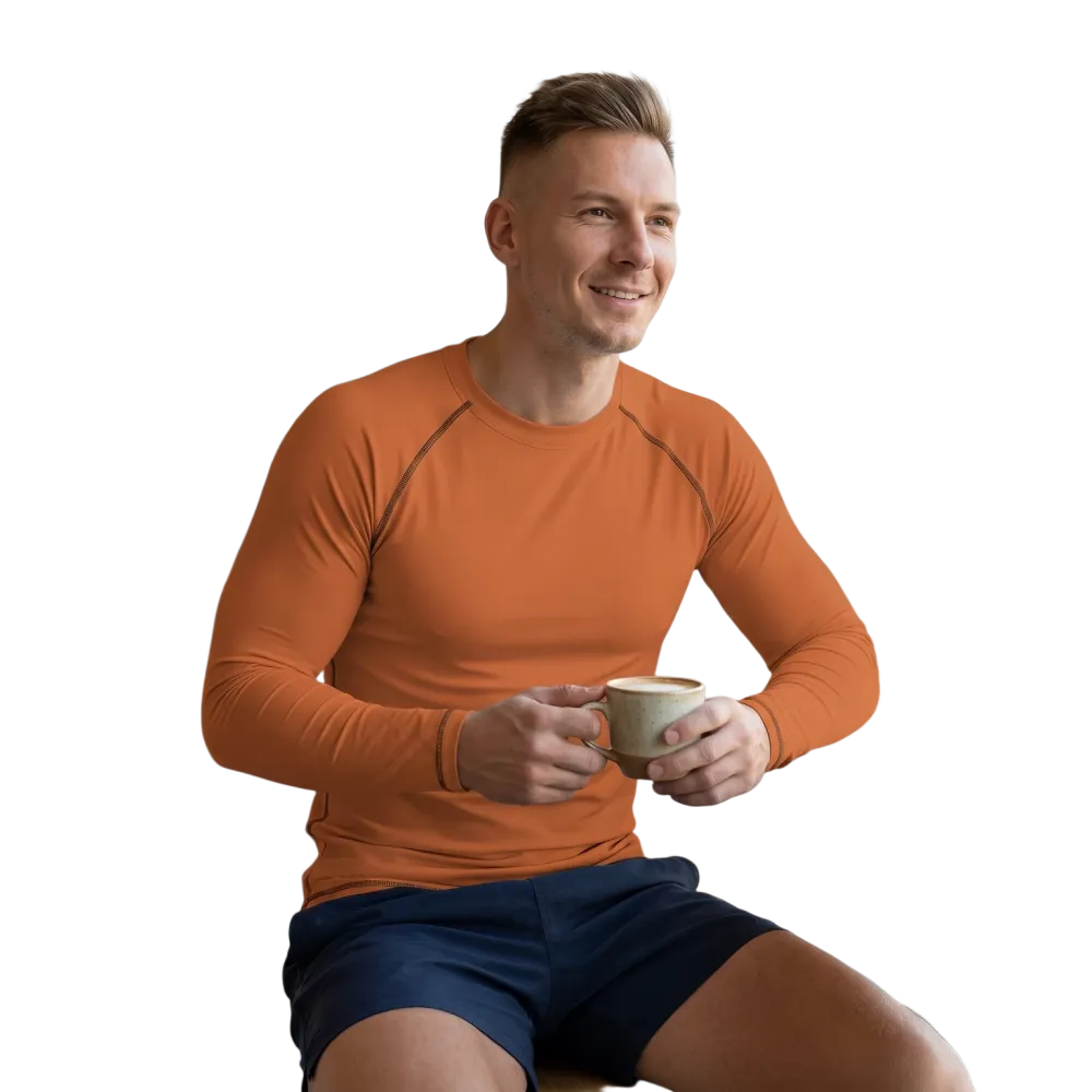 Unisex oranges Sportshirt von BUYATHOME24, langärmelig, Vier-Wege-Stretch, für Fahrrad und Sport, in XS bis 3XL.