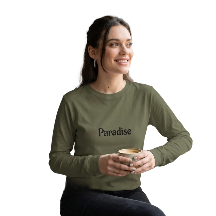 Damen Sweatshirt von BUYATHOME24, Paradise Grafik, Rundhals, Baumwolle, langarm, in XS bis 2XL, bequemer Alltagslook