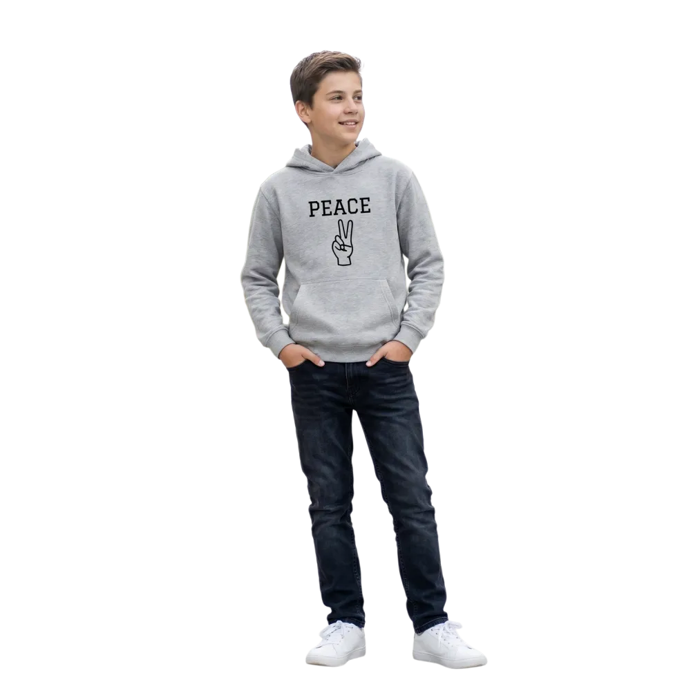 Unisex Kinder Hoodie mit Peace-Zeichen-Grafik aus Baumwolle für 4-12 Jahre, bequem und bedruckbar.
