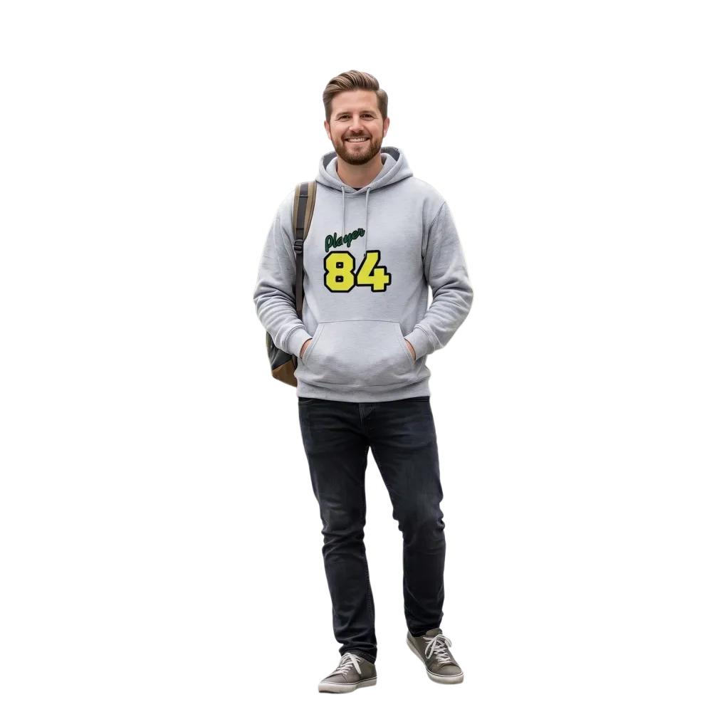 Grauer unisex Grafik Kapuzenpullover mit Player 84 Design aus Baumwolle, für Herren und Damen, in S-5XL.