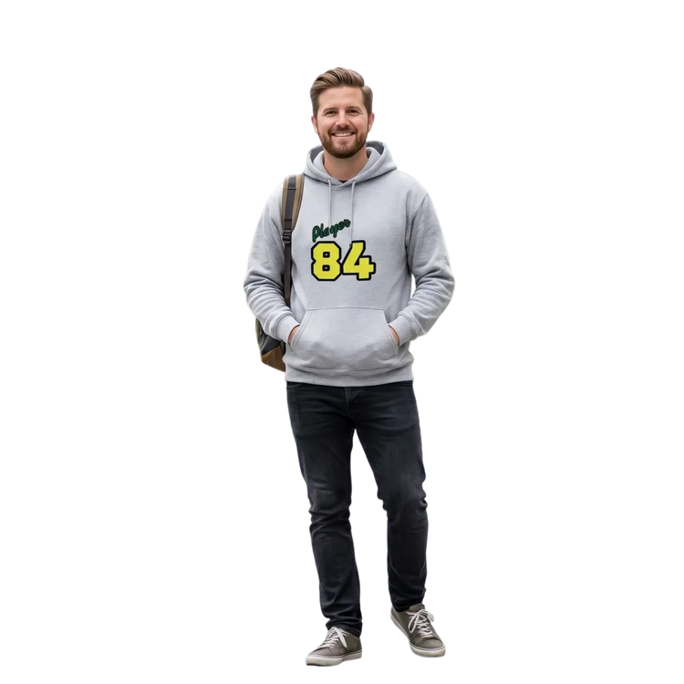 Grauer unisex Grafik Kapuzenpullover mit Player 84 Design aus Baumwolle, für Herren und Damen, in S-5XL.