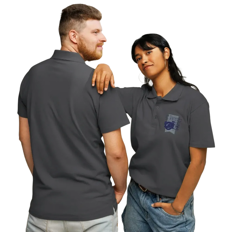 Unisex Polyester Poloshirt in Mouse Grey mit Stickerei, klassisches Freizeitshirt, dickes Gewebe, vorne und hinten sichtbar
