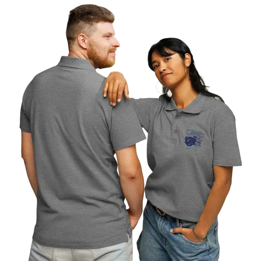 Unisex Poloshirt aus Polyester in Grau Melange, klassische Freizeitkleidung, bestickt, mit Front- und Rückendesign, in den Größen S-5XL