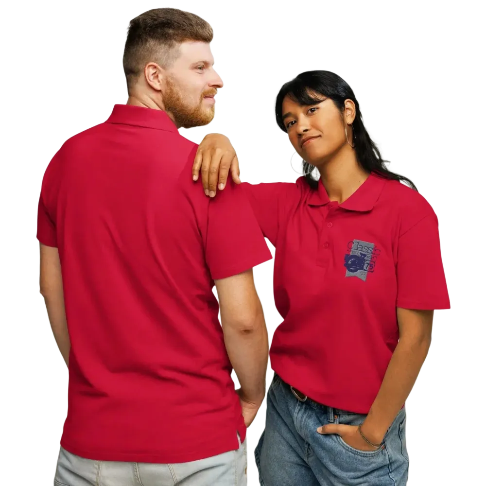 Unisex Poloshirt aus Polyester von BUYATHOME24, rotes Piqué-Design, vorne und hinten bestickt, klassische Freizeitkleidung, dickes Gewebe