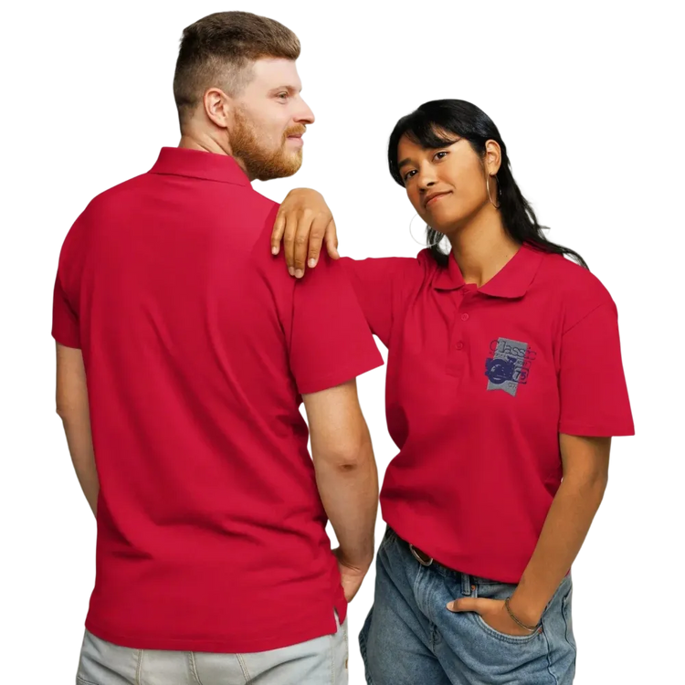 Unisex Poloshirt aus Polyester von BUYATHOME24, rotes Piqué-Design, vorne und hinten bestickt, klassische Freizeitkleidung, dickes Gewebe