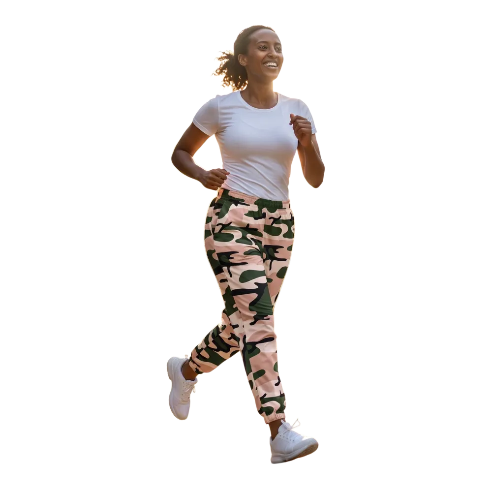 Rosa Camouflage Unisex Trainingshose von BUYATHOME24, wasserabweisende Sporthose in XS bis 3XL, sportlich und bequem.