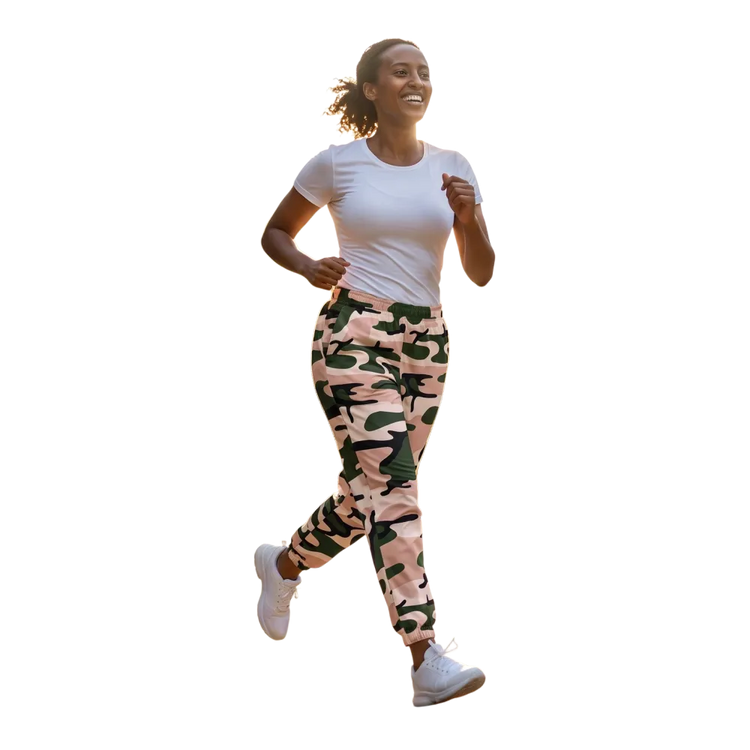 Rosa Camouflage Unisex Trainingshose von BUYATHOME24, wasserabweisende Sporthose in XS bis 3XL, sportlich und bequem.