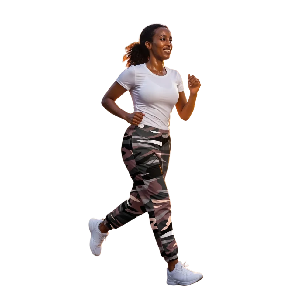 Rosa Camouflage Unisex Trainingshose aus Polyester mit Reißverschlusstaschen, bequem und sportlich, in XS bis 3XL.