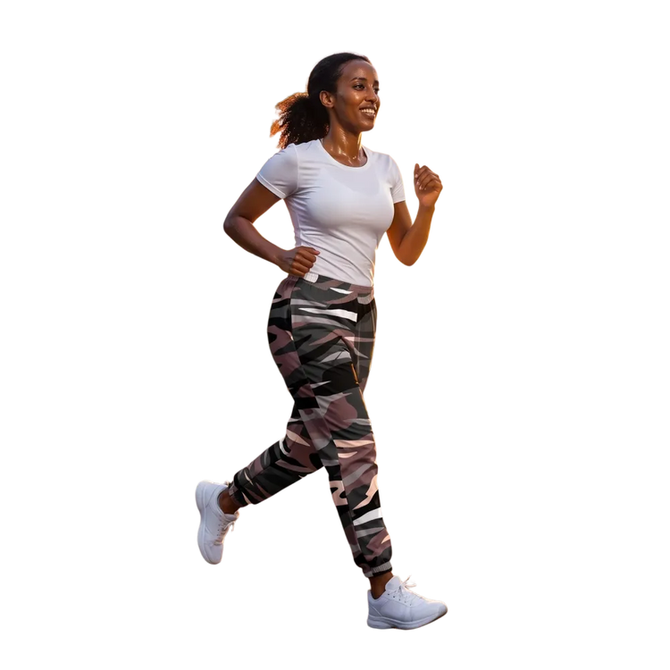 Rosa Camouflage Unisex Trainingshose aus Polyester mit Reißverschlusstaschen, bequem und sportlich, in XS bis 3XL.