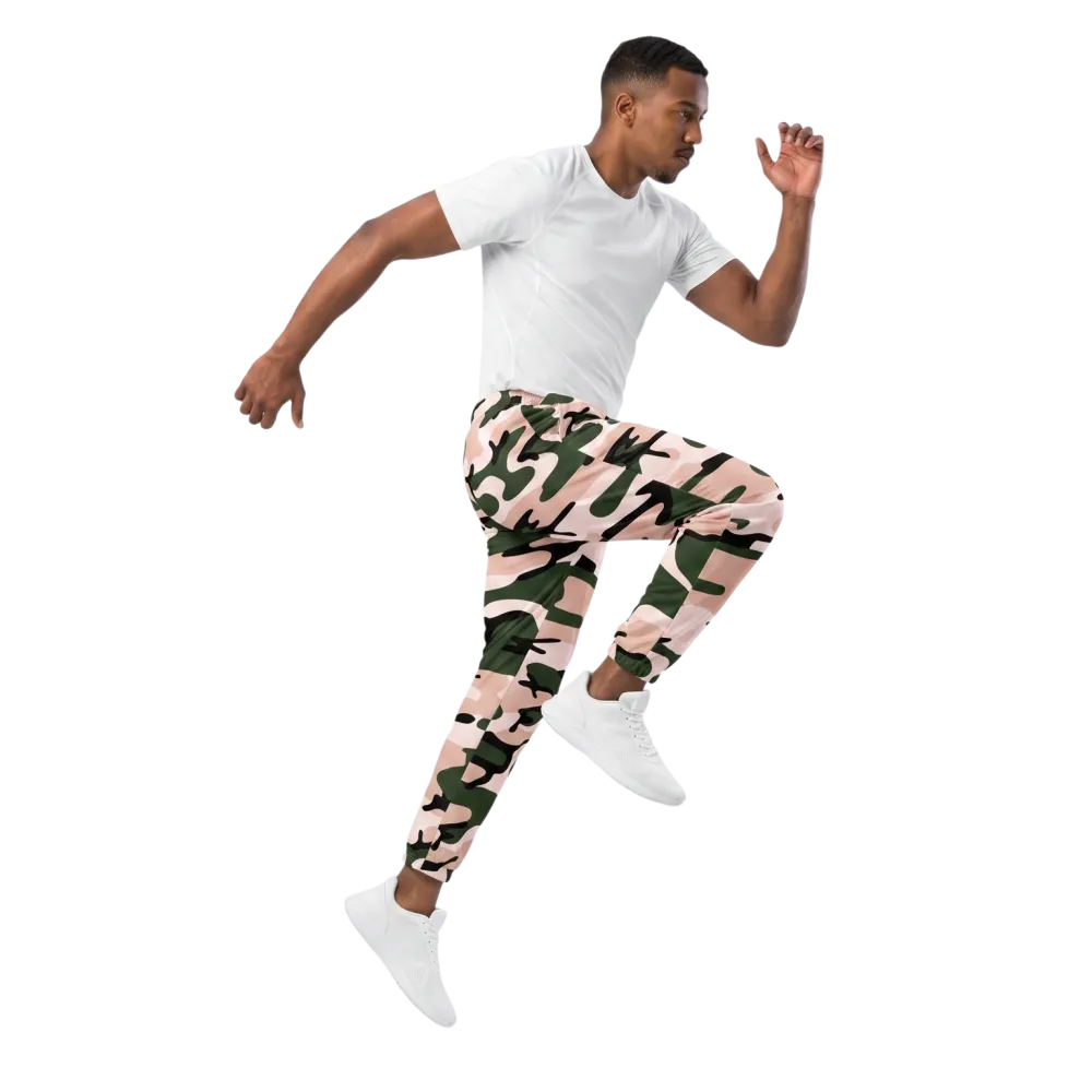 Rosa Camouflage Unisex Trainingshose aus wasserabweisendem Polyester, bequem und sportlich, in XS bis 3XL.