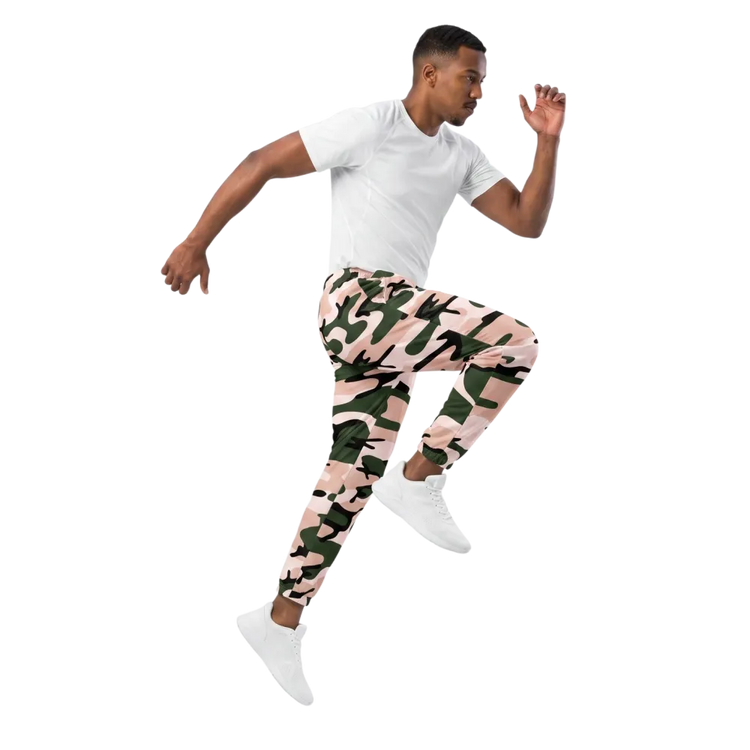 Rosa Camouflage Unisex Trainingshose aus wasserabweisendem Polyester, bequem und sportlich, in XS bis 3XL.