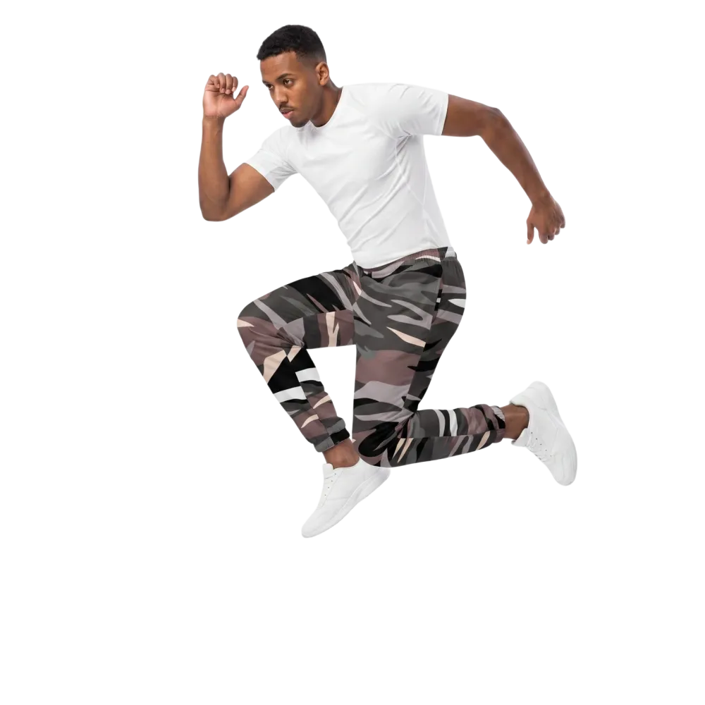 Unisex Trainingshose in Rosa-Grau Camouflage aus Polyester, liegt flach, mit elastischem Bund, für sportliche Aktivitäten, in XS bis 3XL.