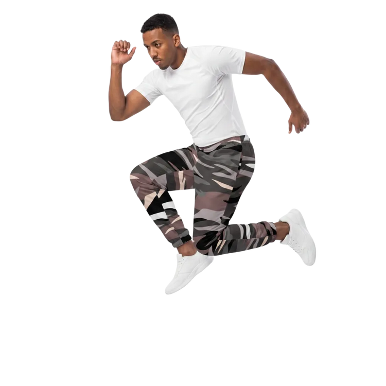 Unisex Trainingshose in Rosa-Grau Camouflage aus Polyester, liegt flach, mit elastischem Bund, für sportliche Aktivitäten, in XS bis 3XL.
