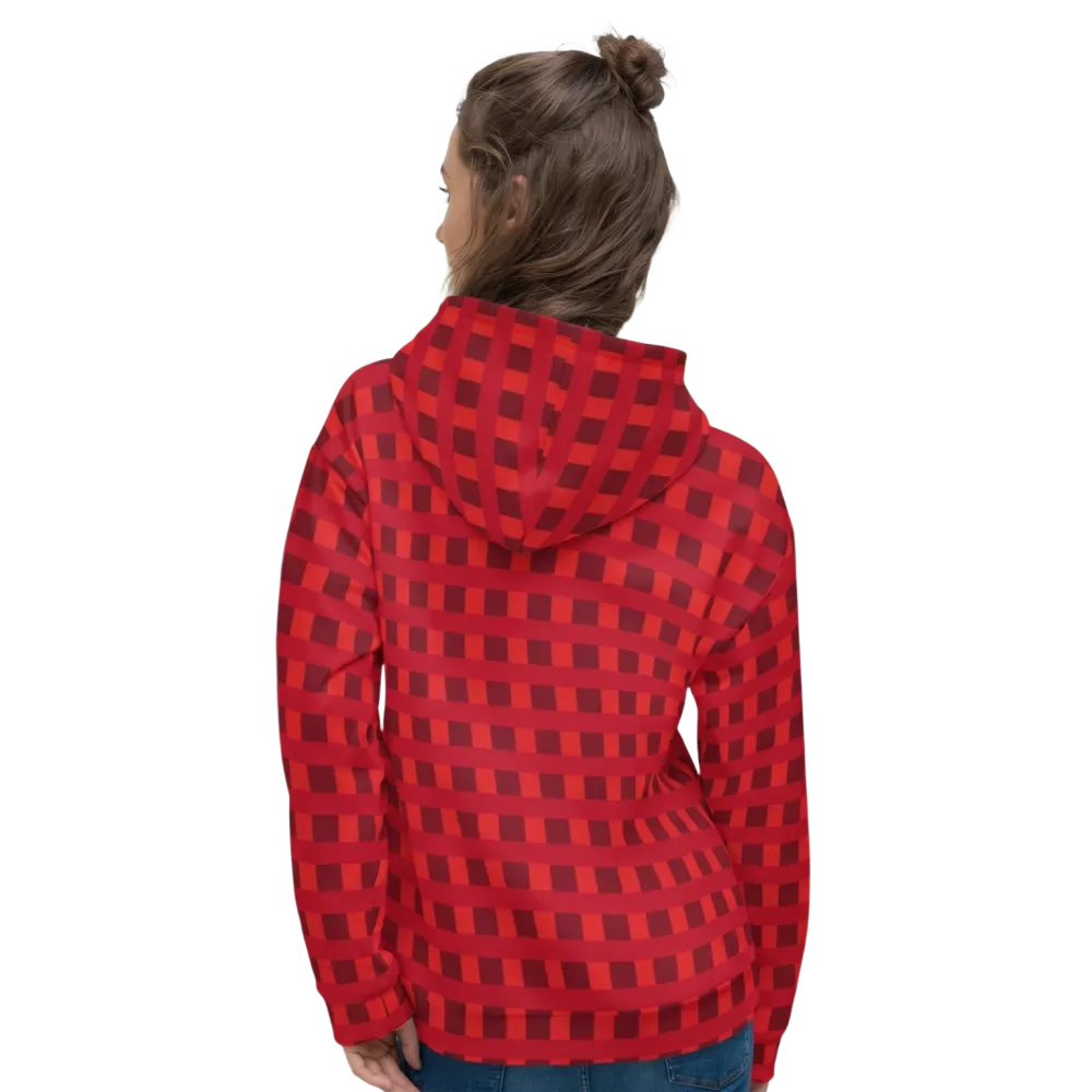 Roter Damen Hoodie mit kariertem Allover-Print, Unisex Kapuzenpullover, gemütlich und modisch, in XS bis 3XL.