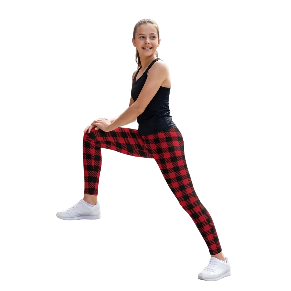 Unisex Kinder-Sportleggings in Rot-Schwarz Karo mit UV-Schutz, Stretch, für Größen 134-170 cm, bequem und atmungsaktiv