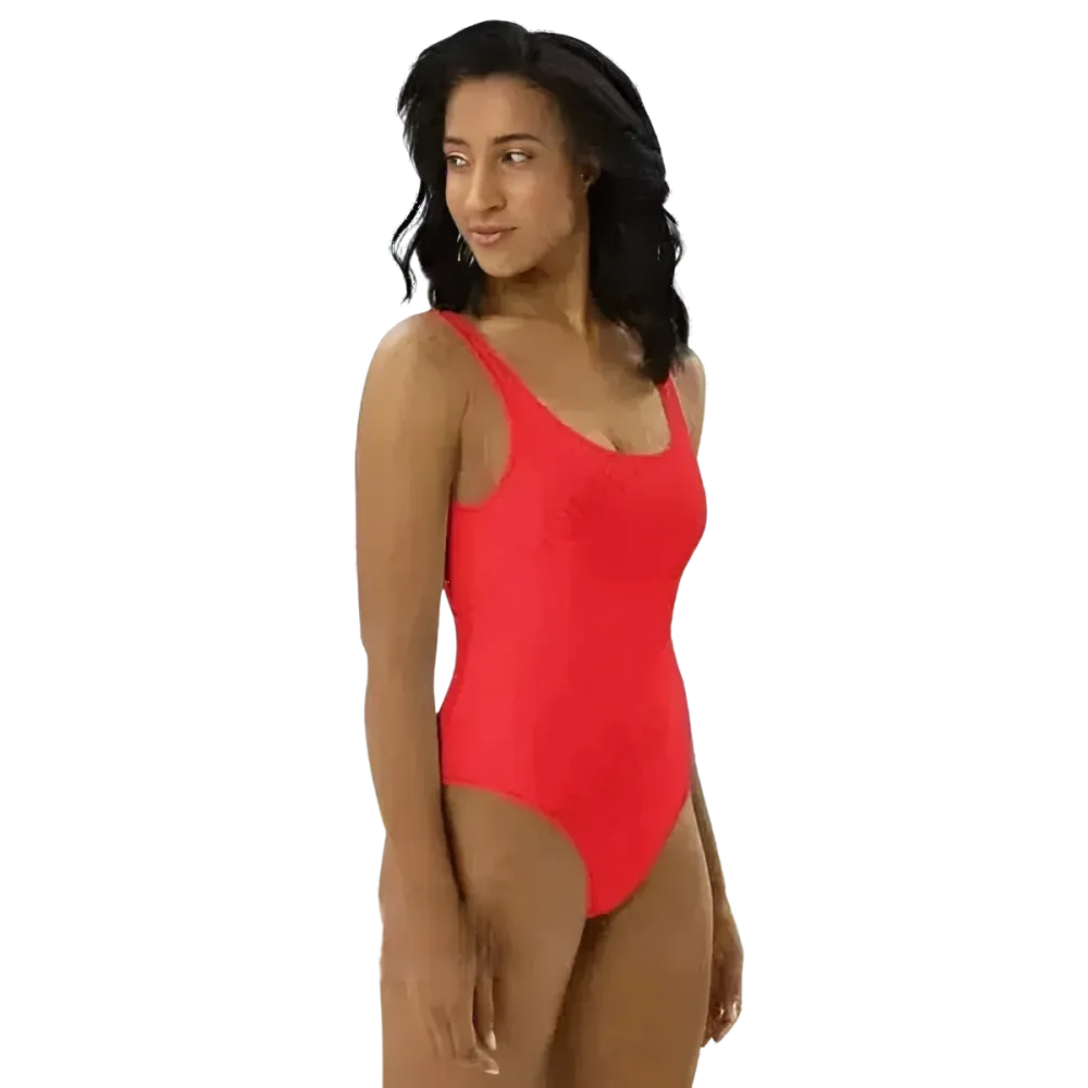 Roter Damen Badeanzug von BUYATHOME24 mit U-Ausschnitt, chlorbeständig, in den Größen XS bis 3XL, bedruckbar auf dem Bild.
