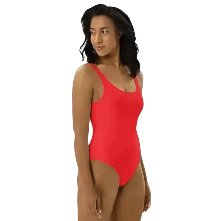 Roter Damen Badeanzug von BUYATHOME24 mit U-Ausschnitt, chlorbeständig, in den Größen XS bis 3XL, bedruckbar auf dem Bild.