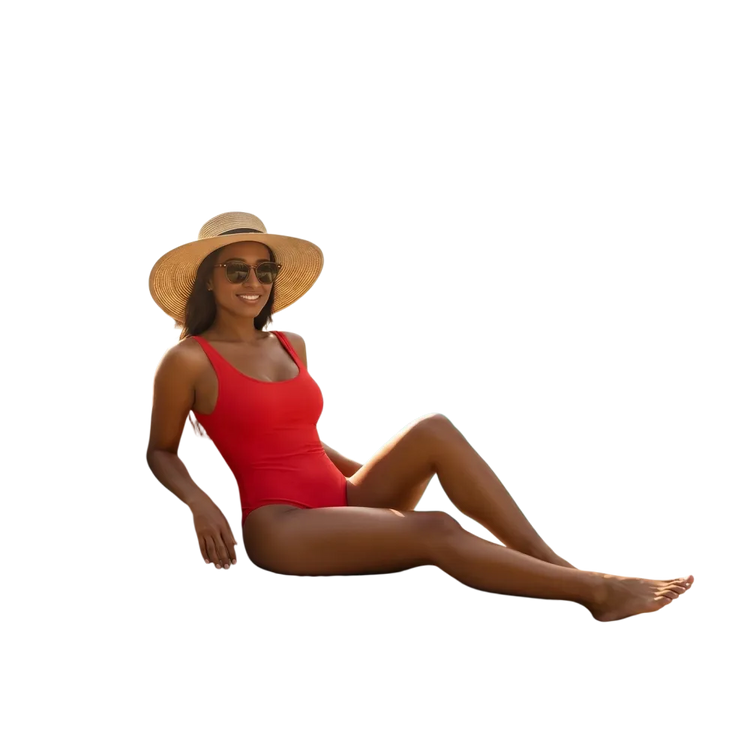 Roter Damen Badeanzug mit U-Ausschnitt, chlorbeständig, in XS-3XL, von BUYATHOME24, bedruckbar, bequem und modisch.