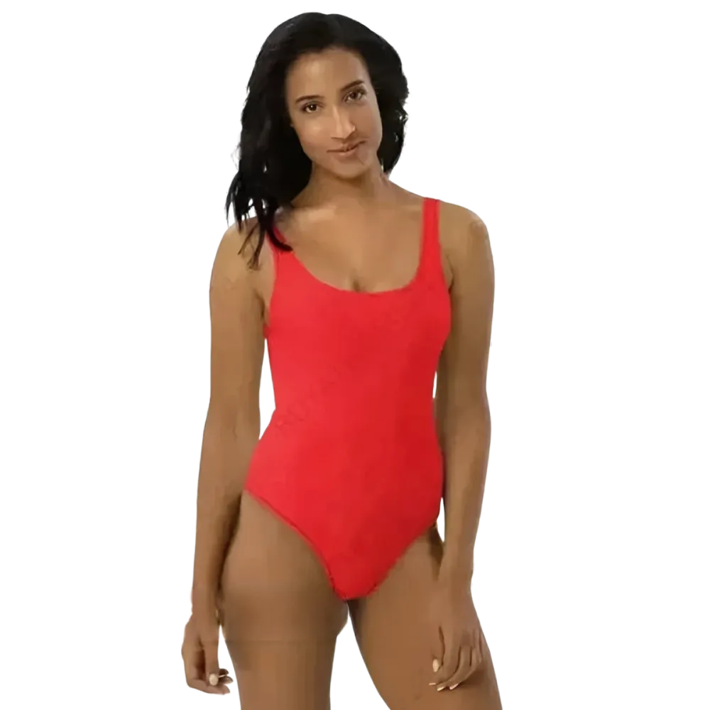 Roter Damen Badeanzug von BUYATHOME24 mit U-Ausschnitt, chlorbeständig, in XS bis 3XL, bedruckbar, auf einem Model getragen.