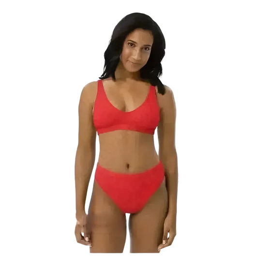 Roter Damen Bikini von BUYATHOME24 in XS bis 3XL, zweilagige Badebekleidung mit personalisierbarem Design.