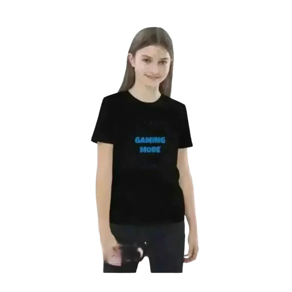 Kinder-Grafik-Unisex-T-Shirt für 3-14 Jahre aus Baumwolle, Mädchen trägt das weißes Rundhalsshirt mit buntem Motiv.