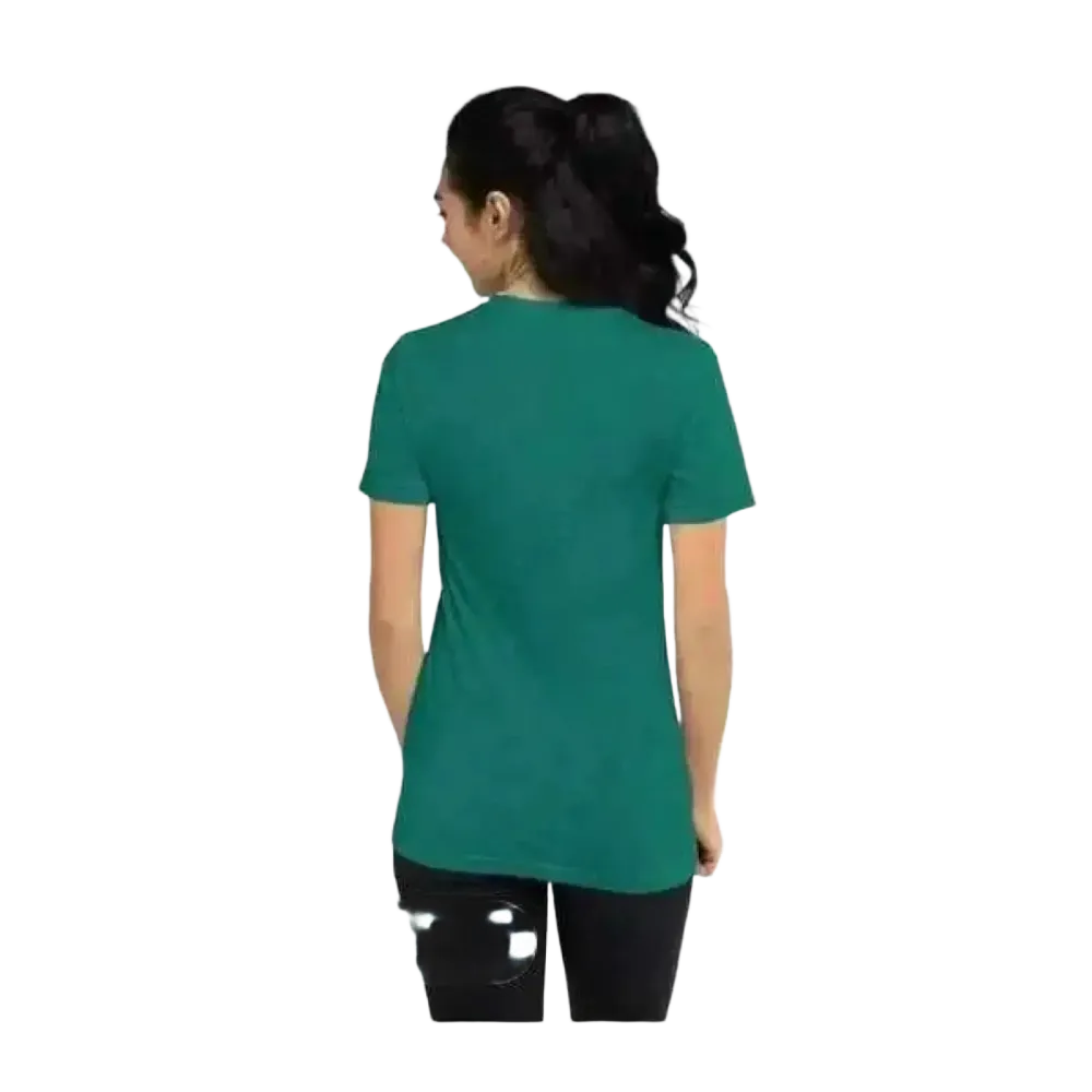 Grafik Damen T-Shirt von BUYATHOME24, kurzärmlig, personalisierbar, aus Polyester und Baumwolle, in XS bis 3XL, auf einem Model getragen