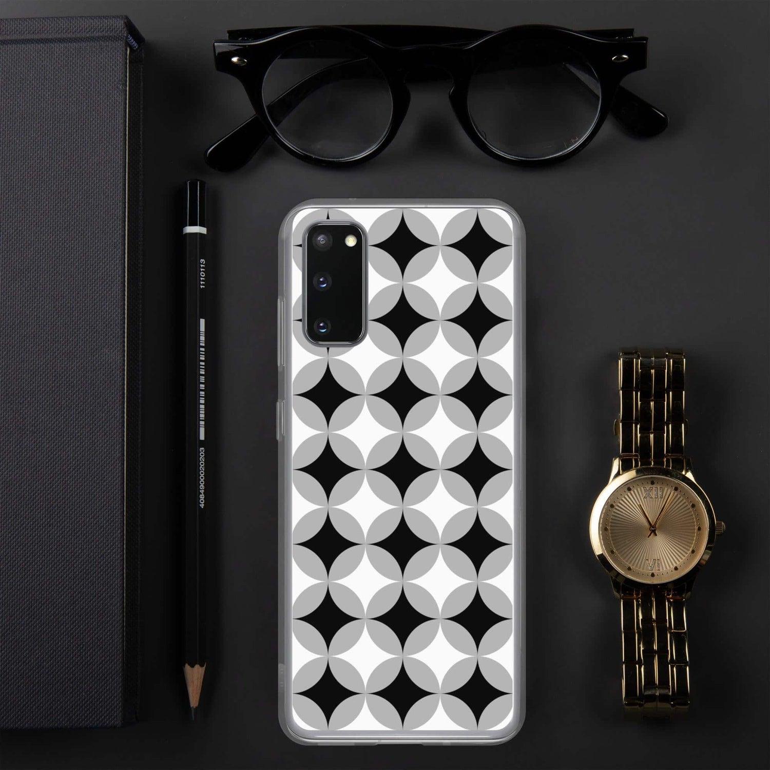 Stoßfeste Samsung Galaxy Handyhülle aus Polycarbonat mit Bedruckung, passend für Galaxy S10 bis S22 Ultra, in Schwarz.