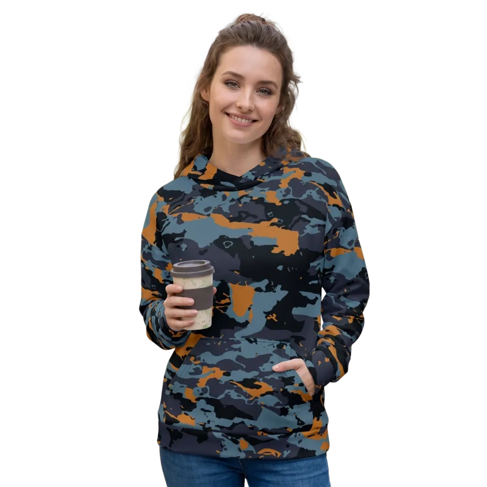 Schwarz-blauer Camouflage Damen Hoodie mit Allover-Print, Unisex Kapuzenpullover in XS-3XL, bequemer Hoodie von BUYATHOME24