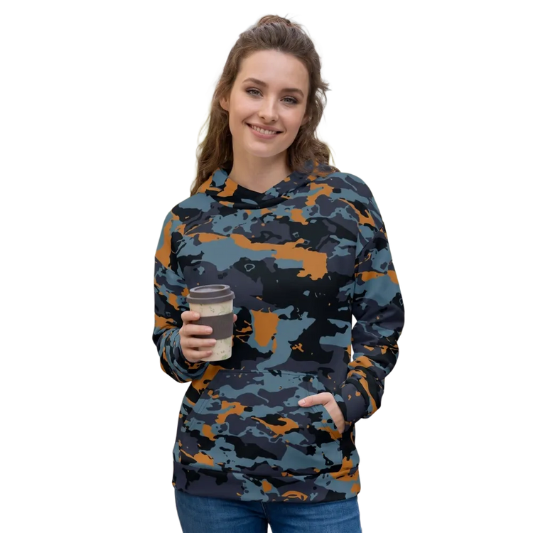 Schwarz-blauer Camouflage Damen Hoodie mit Allover-Print, Unisex Kapuzenpullover in XS-3XL, bequemer Hoodie von BUYATHOME24