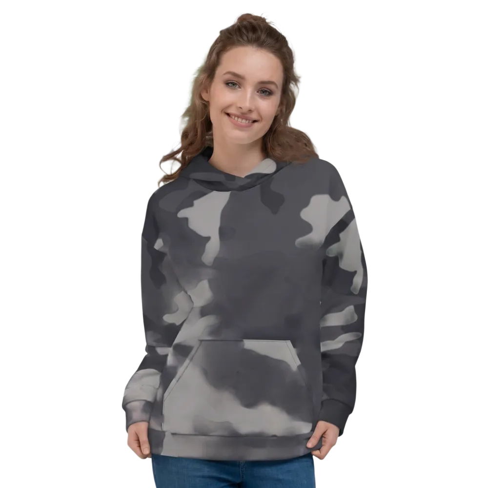 Schwarzer Damen Hoodie mit Camouflage-Allover-Print, Unisex Kapuzenpullover in XS bis 3XL, bequem und stylisch.
