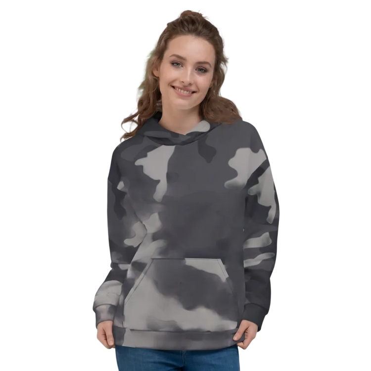 Schwarzer Damen Hoodie mit Camouflage-Allover-Print, Unisex Kapuzenpullover in XS bis 3XL, bequem und stylisch.