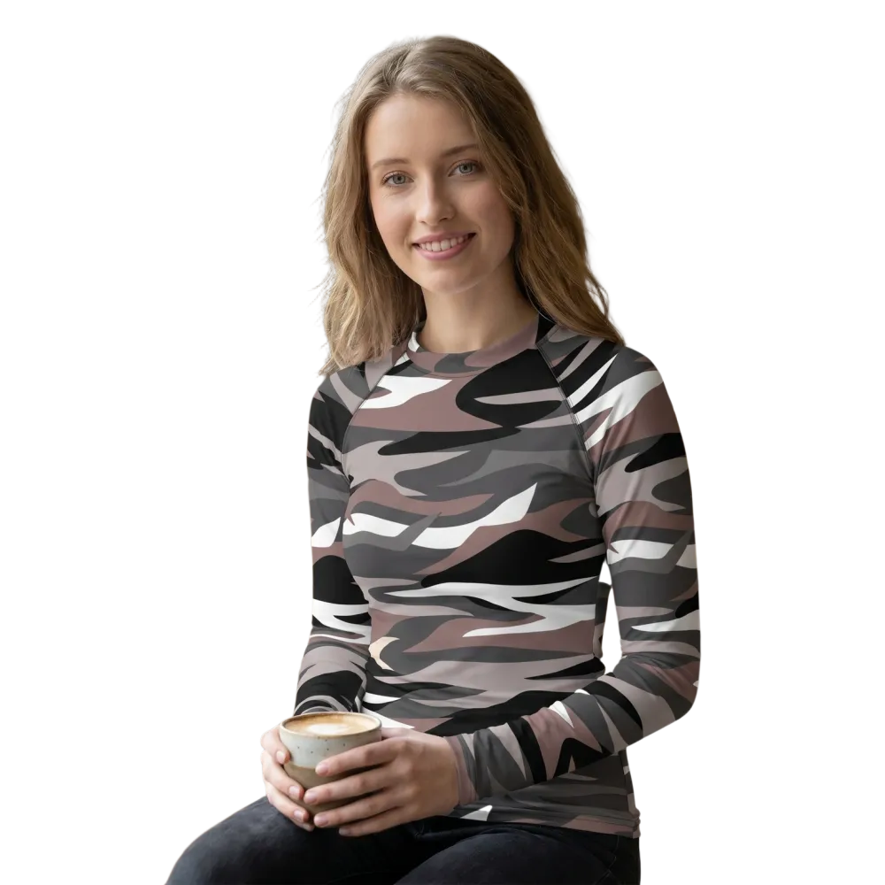 Schwarzes Camouflage-Sporttop für Damen, langärmliges Sportshirt, elastisch, in XS bis 3XL, von BUYATHOME24