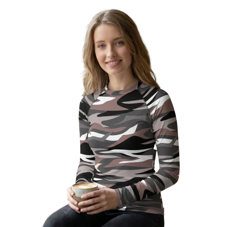 Schwarzes Camouflage-Sporttop für Damen, langärmliges Sportshirt, elastisch, in XS bis 3XL, von BUYATHOME24