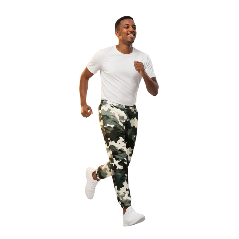 Schwarz Camouflage Unisex Trainingshose aus Polyester mit Reißverschlusstaschen, bequeme Sporthose in XS bis 3XL.