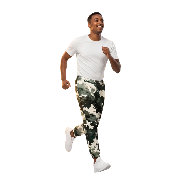 Schwarz Camouflage Unisex Trainingshose aus Polyester mit Reißverschlusstaschen, bequeme Sporthose in XS bis 3XL.
