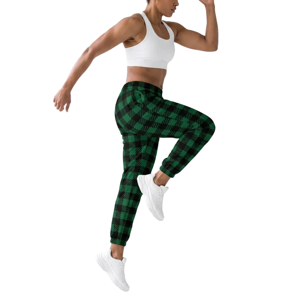 Schwarz-grüne karierte Unisex Trainingshose aus Polyester, bedruckbar, in XS bis 3XL, mit elastischem Bund und lockerer Passform