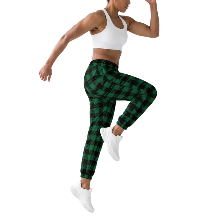 Schwarz-grüne karierte Unisex Trainingshose aus Polyester, bedruckbar, in XS bis 3XL, mit elastischem Bund und lockerer Passform