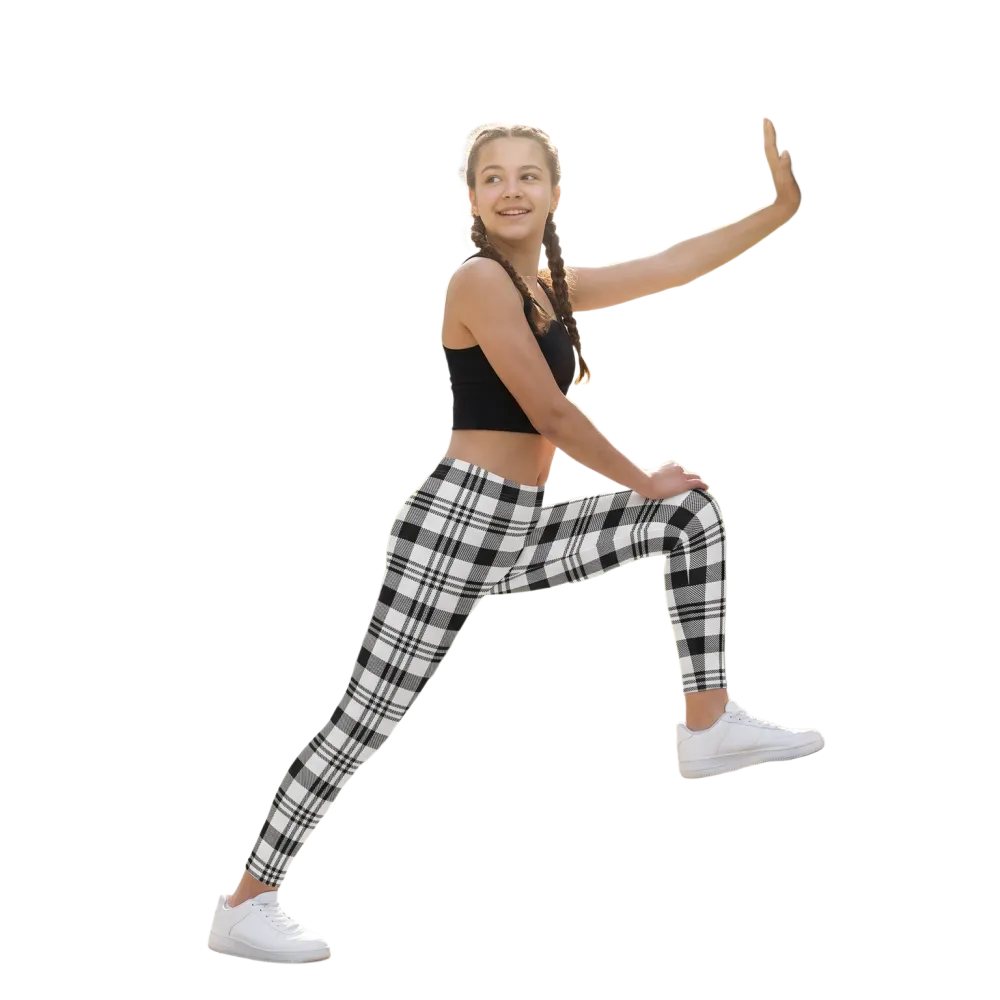 Schwarz-Weiß karierte Kinder-Leggings für Jungen und Mädchen, schnelltrocknend, Unisex, Sportleggings, 134-170 cm.