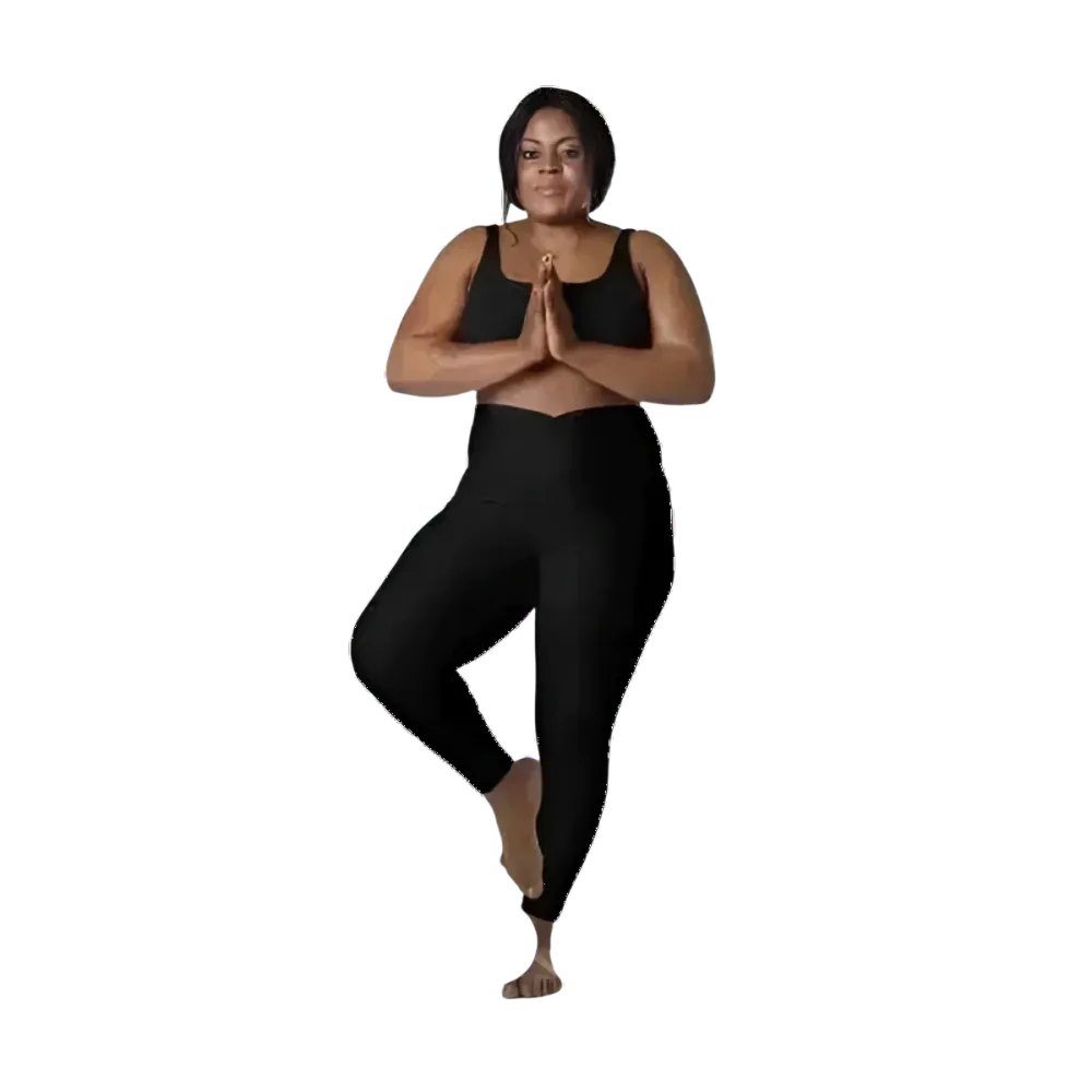 Damen Sport Leggings von BUYATHOME24 mit V-Bund, hoher Taille und Seitentaschen, in 2XS-6XL, sportliche Sportbekleidung