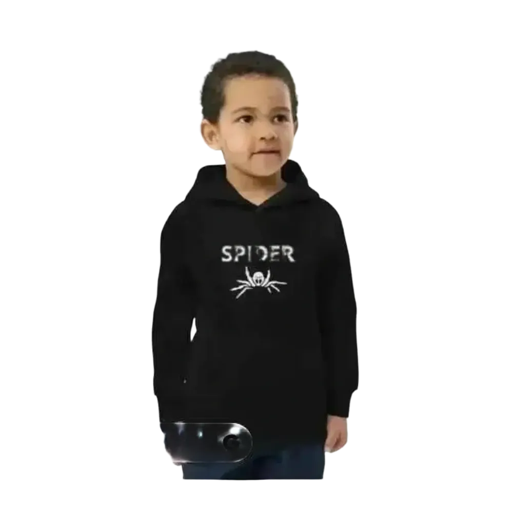 Schwarzer Kinder-Hoodie mit Spinnen-Grafik, unisex Halloween Kapuzenpullover für Kinder 4-12 Jahre, doppellagig.