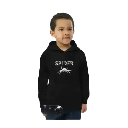 Schwarzer Kinder-Hoodie mit Spinnen-Grafik, unisex Halloween Kapuzenpullover für Kinder 4-12 Jahre, doppellagig.